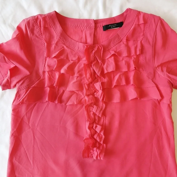 Weekend MaxMara Silk Ruffle Front Short Sleeve T-Shirt Blouse Pink Small - Picture 4 of 13
